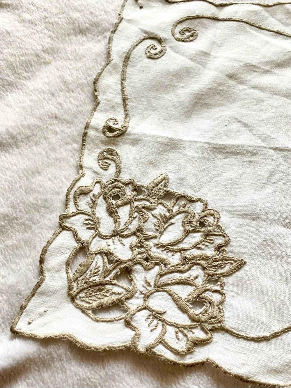 Vintage Cream Table Linen with Gold Embroidered Scrollwork